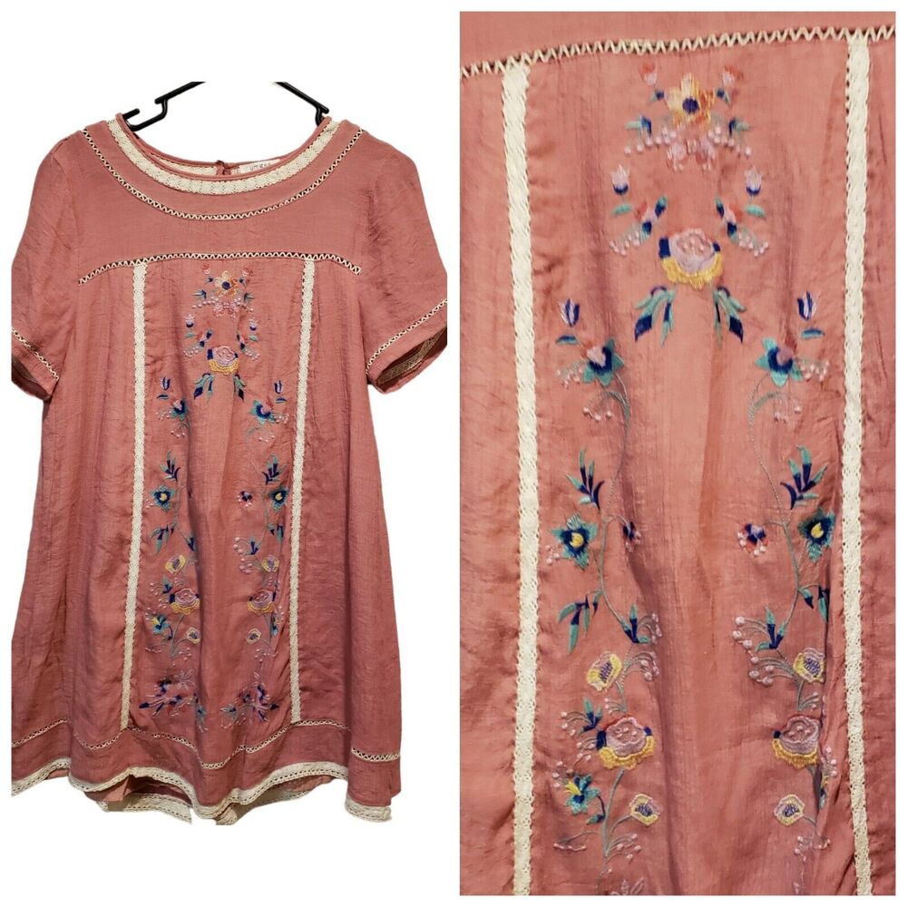 UMGEE Orange Embroidered Floral Tunic Boho Top Dress Size Small